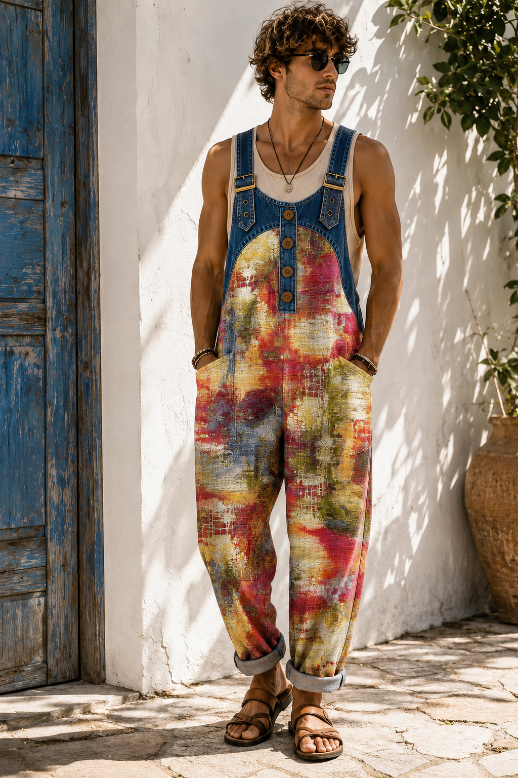 Men's Retro Art Print Casual Sleeveless Denim Patchwork Jumpsuit